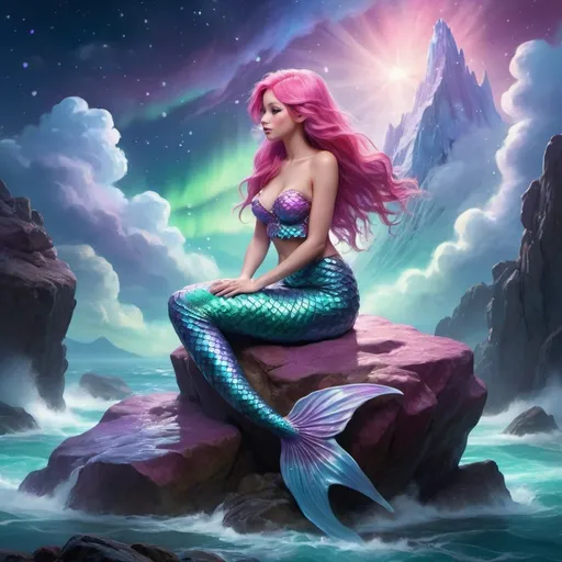 Prompt: (beautiful pink-haired mermaid), sitting on top of a boulder, stunning blue and purple scales, amidst a sea of fluffy clouds, (Aurora Borealis) illuminating the sky, twinkling stars scattered throughout, mystical atmosphere, ethereal vibe, dreamy colors, enchanting scene, high detail, ultra-detailed, (cinematic masterpiece), vibrant and magical hues, serene coastal fantasy.