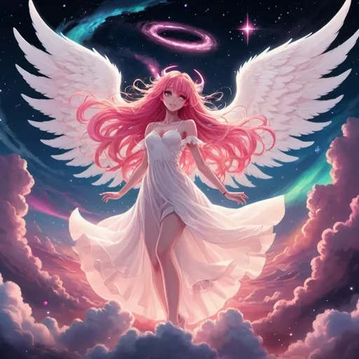 Prompt: Anime demon girl in a white dress with pink long hair in dancing in outter space on top of clouds with many shining stars in the background and a vibrant aurora borealis in background large white angel wings