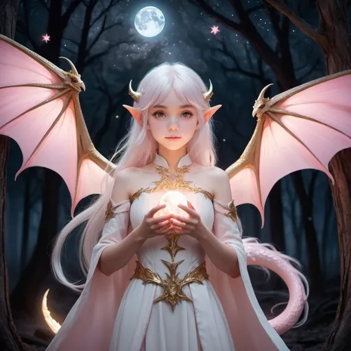 Prompt: Anime elf girl, (waist-length white hair), light pink horns, standing in a scorched forest, (night scene), surrounded by tall burnt trees, (celestial background with two glowing moons and twinkling stars), the girl carries a (sparkling tiny baby pink and gold dragon) that glimmers in the moonlight, atmospheric feel, ethereal and mystical tone, (highly detailed), (vibrant starry sky), intricate and enchanting, fantasy ambiance, (ultra-detailed).