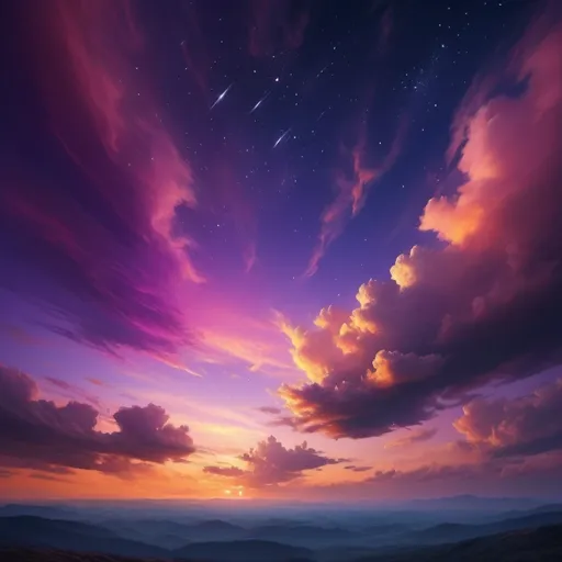 Prompt: A beautiful vibrant dusk sky with stars and clouds