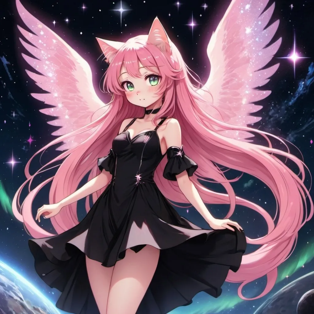 Prompt: Anime cat girl in black dress with pink long hair in outter space with many shining stars and aurora borealis shaped into wings