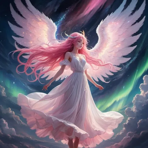 Prompt: Anime demon girl in a white dress with pink long hair in dancing in outter space on top of clouds with many shining stars in the background and a vibrant aurora borealis in background large white angel wings