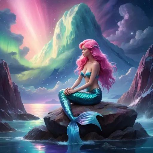 Prompt: (beautiful pink-haired mermaid), sitting on top of a boulder, stunning blue, pink, and purple scales, amidst a sea of fluffy clouds, (Aurora Borealis) illuminating the sky, twinkling stars scattered throughout, mystical atmosphere, ethereal vibe, dreamy colors, enchanting scene, high detail, ultra-detailed, (cinematic masterpiece), vibrant and magical hues.