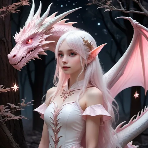 Prompt: Anime elf girl, (waist-length white hair), light pink horns, standing in a scorched forest, (night scene), surrounded by tall burnt trees, (celestial background with two glowing moons and twinkling stars), the girl craddles a (sparkling baby pink dragon) that glimmers in the moonlight, atmospheric feel, ethereal and mystical tone, (highly detailed), (vibrant starry sky), intricate and enchanting, fantasy ambiance, (ultra-detailed).