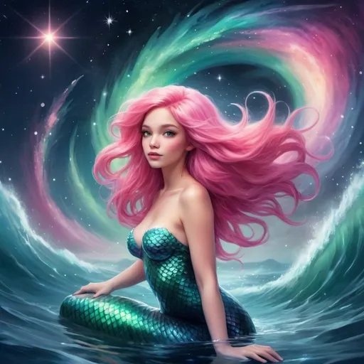 Prompt: (beautiful pink-haired mermaid), swimming gracefully through outer space, (Aurora Borealis) illuminating the sky, fluffy clouds drifting by, twinkling stars scattered throughout, creates a mystical atmosphere, ethereal vibe, dreamy colors blending seamlessly, enchanting scene, high detail, ultra-detailed, vibrant and magical hues, evoking wonder and serenity, inviting the viewer into a mesmerizing ocean of the cosmos.