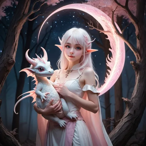 Prompt: Anime elf girl, (waist-length white hair), light pink horns, standing in a scorched forest, (night scene), surrounded by tall burnt trees, (celestial background with two glowing moons and twinkling stars), the girl carries a (sparkling tiny baby pink dragon) that glimmers in the moonlight, atmospheric feel, ethereal and mystical tone, (highly detailed), (vibrant starry sky), intricate and enchanting, fantasy ambiance, (ultra-detailed).