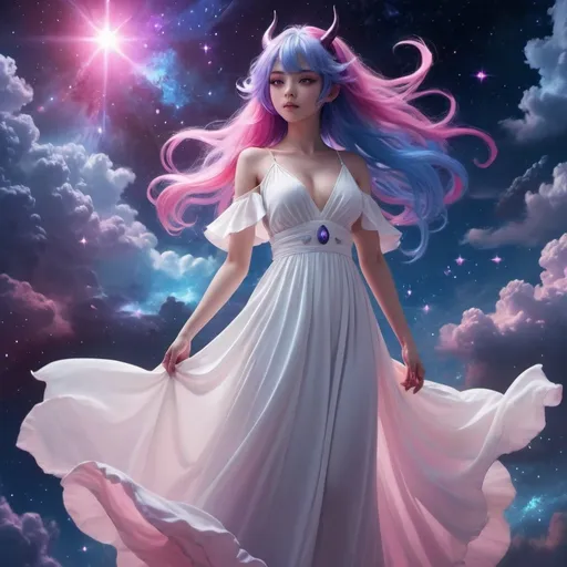 Prompt: (Anime demon girl), elegantly posing, (pink and blue hair), wearing a (long white flowing dress), surrounded by (vibrant fluffy clouds) in (outer space), twinkling stars, (enchanting) and (mystical) atmosphere, (vibrant cosmos), deep navy and purple tones, cosmic light creating a heavenly glow, (4K), capturing a sense of mystified longing and ethereal beauty.