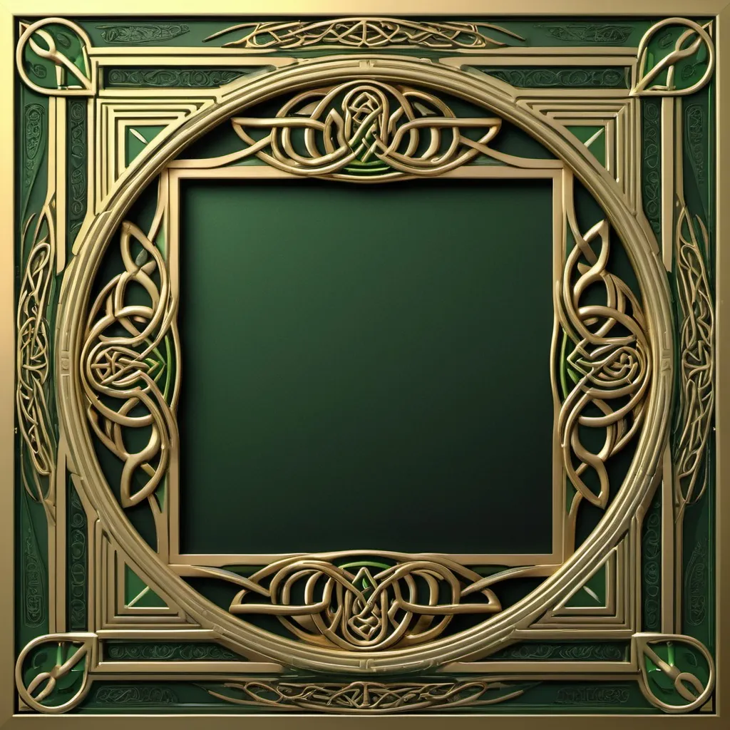 Prompt: A square frame that is a combination of Art Noveau and futurism. It has straight lines on all sides, with very ornate corners that look somehwat celtic. The frame is rendered in a greenish gold color with a matte finish. The center of the frame shows a blank black velvet canvas. Photoreal