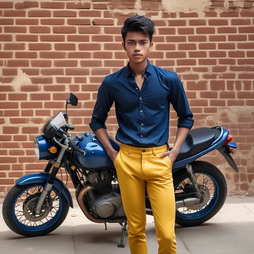 Prompt: A young man stands confidently beside a sleek black motorcycle, his arms resting casually at his sides. He is dressed in a dark blue shirt adorned with a subtle pattern and bright yellow pants, contrasting sharply against the weathered brick wall behind him. His expression is calm, featuring a small red mark on his forehead, which suggests a cultural or festive significance. The textured brick wall serves as a rustic backdrop, while the warm lighting creates an inviting atmosphere, emphasizing the subject's relaxed demeanor and pride in his vehicle. This scene captures a moment of modern style intertwined with traditional elements, reflecting a youthful spirit in an urban setting.