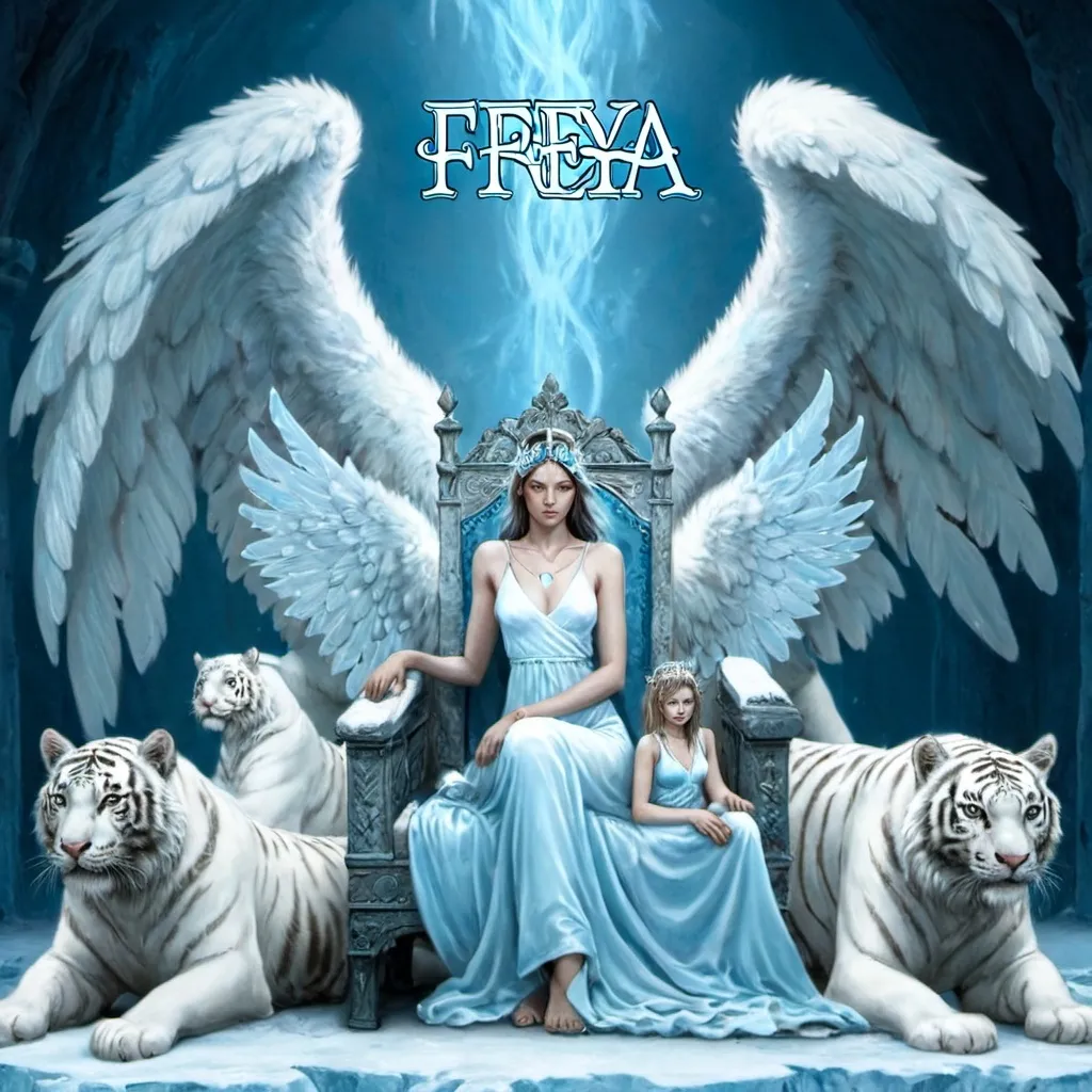 Prompt: An angelic woman with wings sitting on a throne. Two white tigers next to her and the word Freya written on top in an ice blue effect.