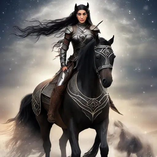 Prompt: black Arabian horse with a white star on the horse's head and four legs, dark-haired beautiful and curvy Latina woman riding the horse and wearing Norse war maiden gear
