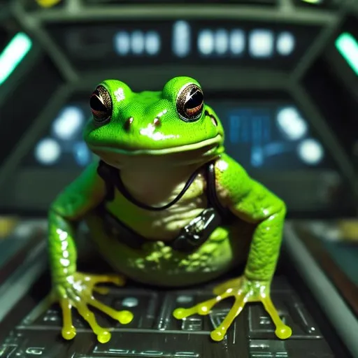 Prompt: green frog, green frog commander, green frog sitting in a cockpit, battlestar galactica, space, battle, war, epic, cinematic
