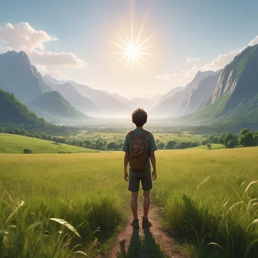 Prompt: A young human gazing at an expansive open field, lush greenery underfoot, towering mountains in the distance, brilliant sunlight (glistening), the sun radiating warmth and hope. The atmosphere is inviting and adventurous, inspiring a sense of longing for new experiences. The scene is captured in stunning detail, evoking a sense of peace and anticipation. (ultra-detailed, 4K).