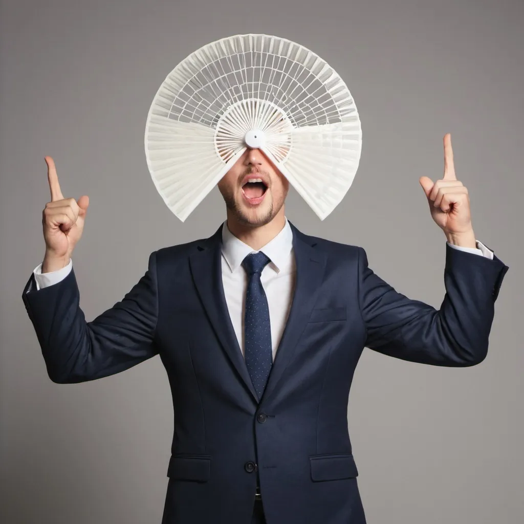 Prompt: Guy with a fan on his head and a suit with his arms open