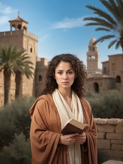 Prompt: A female version of Apostle Paul in ancient attire, with dark curly hair, olive-toned skin, and intense brown eyes, wearing a modest flowing robe and a shawl, holding scrolls, with a backdrop of an ancient city