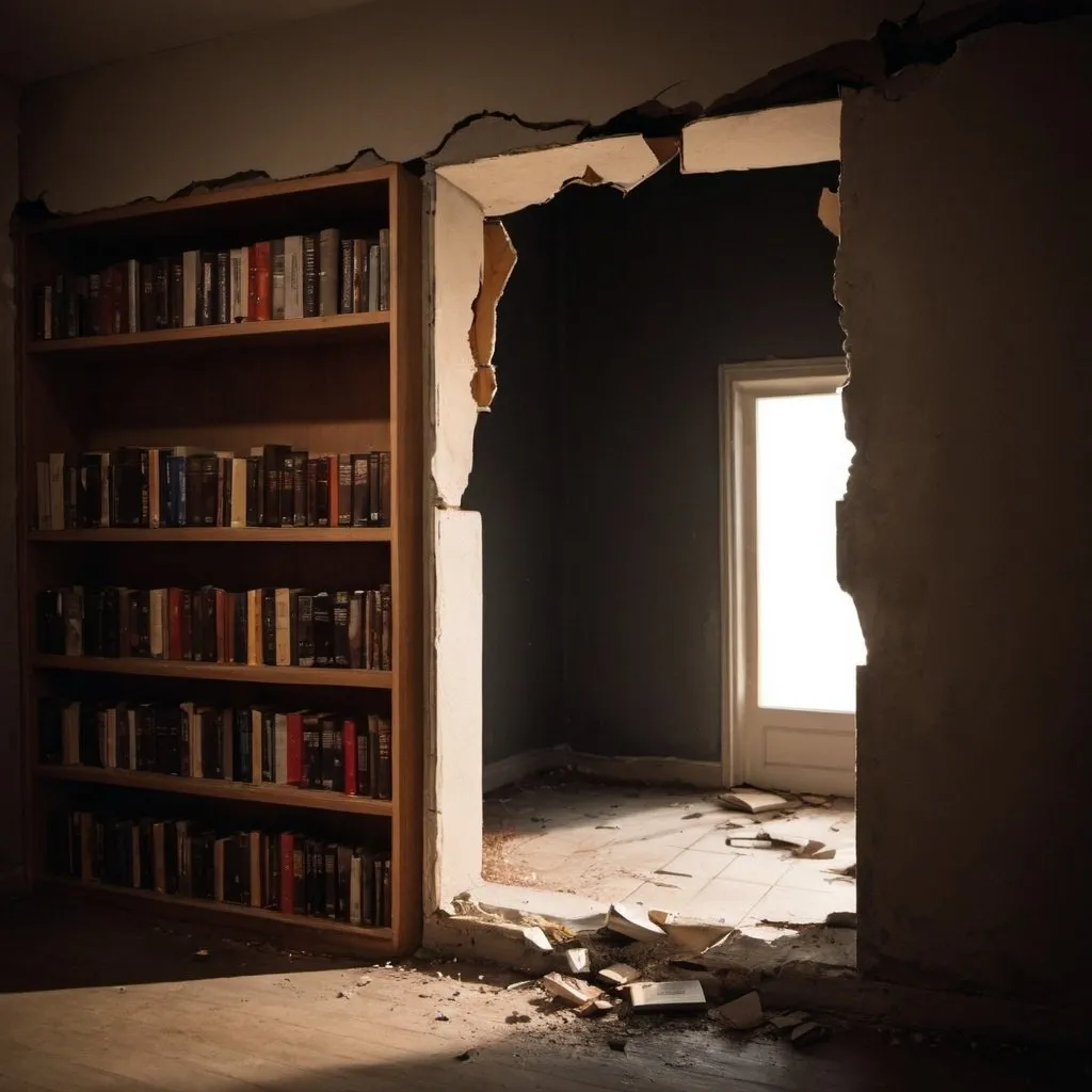 Prompt: a broken hole in a wall revealing a book shelf on the other side, a dimly lit scene