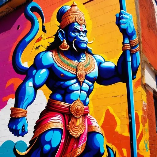 Prompt: Graffiti-style mural of Hanuman standing tall with a mace in hand, view from ground to sky, vibrant and bold colors, urban street art, muscular physique with intricate details, powerful stance, larger than life, graffiti art, vibrant colors, urban setting, detailed features, bold and dynamic, larger than life, street mural, intense lighting, dramatic perspective