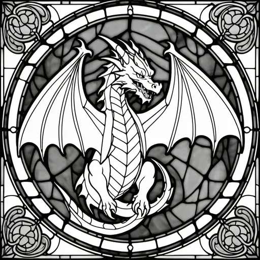 Prompt: stain glass style  black and white only outline for adult coloring book, dragon breathing fire

