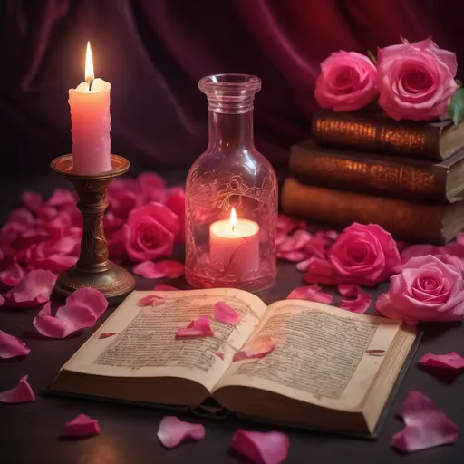 Prompt: A mystical and enchanting scene infused with the essence of attraction and romantic energy. The image features a glowing candle surrounded by fresh rose petals, an ancient spellbook opened to a love-binding incantation, and a shimmering aura of pink and red light swirling like unseen forces weaving destiny. A delicate vial of enchanted oil sits nearby, reflecting the soft glow of moonlight, as ethereal wisps of energy dance through the air, symbolizing the unseen currents of fate pulling two souls together. The overall atmosphere is intimate yet powerful, evoking feelings of longing, connection, and the gentle yet undeniable force of love manifesting through magick