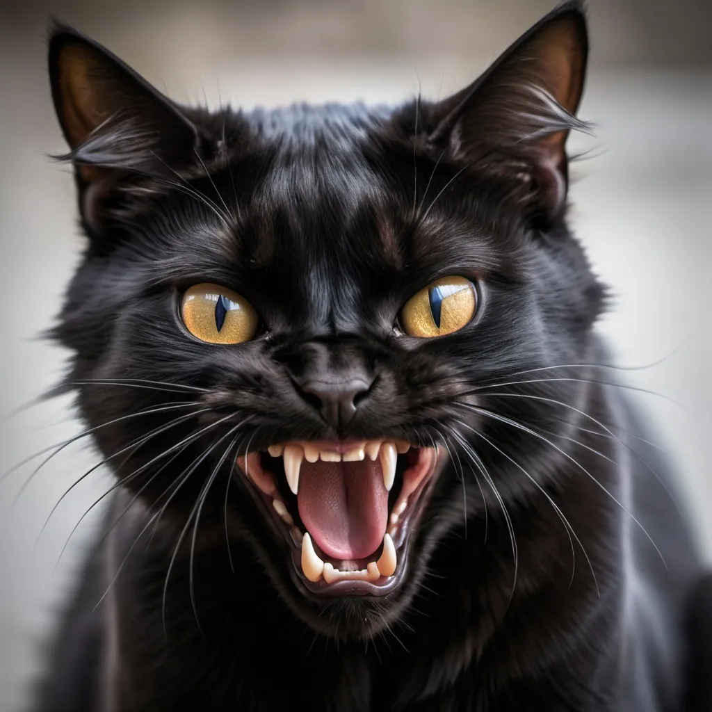 Prompt: Black cat with an intense expression flexing claws and showing fangs