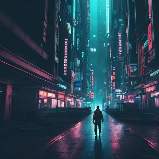 Prompt: Someone walking alone in a cyberpunk city at night