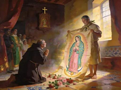 Prompt: Draw the following: Baroque oil painting on canvas, Spanish Colonial Baroque influence — Interior of the bishop’s residence. St. Juan Diego, middle-aged (50s), stands barefoot in a simple undyed tunic; a coarse maguey-fiber tilma is tied at his neck and unfolded before the crowd. From the tilma, Castilian roses spill to the floor, and imprinted on the tilma itself is a BRILLIANT IMAGE of Our Lady of Guadalupe—rose-tinted gown, turquoise mantle sprinkled with gold stars, hands joined in prayer, a faint crescent at her feet—held within a soft golden mandorla that seems woven into the fabric.  From the image is a glowing light that radiates throughout the room.

Opposite him, Bishop Juan de Zumárraga collapses to his knees, hands clasped in reverent prayer; attendants and servants behind him gaze in awe, wonder, and holy fear. Spanish Colonial interior: dark carved wood, small crucifix/retablo, Talavera-style tile floor, heavy crimson drapery; a high side window pours dramatic light that mingles with the tilma’s radiance. A faint luminous mist bathes the scene in a golden SHINE. Sweeping diagonal composition.

Warm palette: burnt sienna, ochre, rose, umber, emerald, soft gold. Strong chiaroscuro; rich layered glazes; soft sfumato edges; visible brushwork and canvas weave; subtle gilded highlights on leaves, petals, and vestment edges; varnished depth. Devotional, wonder-filled mood. Vertical 4:5 masterwork.