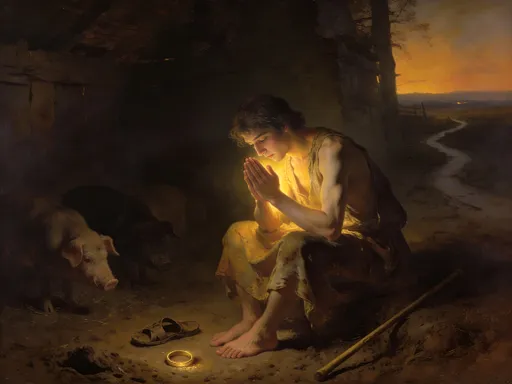 Prompt: A contemplative Baroque oil painting on canvas in the style of Rembrandt, depicting the Gospel scene of the Prodigal Son feeding the swine (Luke 15). The young man is shown seated low to the ground in a humble, withdrawn posture, his body thin and weary, barefoot in the mud. His clothing—once fine—now hangs loosely, worn, and earth-stained, rendered with soft, textured brushwork. His face is gentle yet deeply sorrowful, marked by hunger and regret, eyes lowered in silent self-awareness rather than despair, conveying the beginning of repentance.

The swine are present but subdued, pushed slightly into shadow, their forms muted and unobtrusive, allowing the human figure to remain the emotional center. The setting is a quiet, dim rural enclosure at dusk, with a warm, fading light filtering softly from one side. Rembrandt-like chiaroscuro bathes the son in a tender, golden glow that touches his face and hands, while surrounding darkness remains calm and enveloping, not harsh—suggesting God’s mercy already drawing near.

Symbolic details are understated and intimate: a worn sandal lying nearby, next to it a half-buried golden ring, a simple staff abandoned in the dirt, a faint path leading toward a distant horizon barely visible through the gloom. The palette is warm and restrained—deep browns, umbers, muted golds, and soft ochres. Thick oil paint, gentle transitions of light and shadow, quiet realism, emotional restraint, and a sacred, prayerful atmosphere. Vertical composition, museum-quality devotional art. No modern elements, no text, no exaggeration.

⸻
