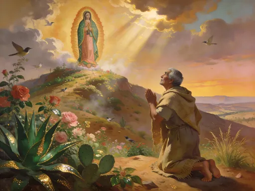 Prompt: Baroque oil painting on canvas, Spanish Colonial Baroque influence — St. Juan Diego  who is middle-aged in his 50s, reaches the top of Tepeyac Hill at dawn. He wears a simple undyed tunic; a coarse maguey-fiber tilma; he is barefoot and kneel in awe and reverence as he beholds a PARADISE with plants, flowers, birds, everywhere: out-of-season Castilian roses bursting everywhere; agave, nopal, and highland grasses transfigured — foliage glowing deep EMERALD with gilded veins, dew like gold dust. Warm palette: burnt sienna, ochre, rose, umber, emerald, and soft gold. Dramatic clouds part; raking sunbeams and a faint luminous mist bathe the scene in golden SHINE. Sweeping diagonal composition, spacious desert-like hillside becoming lush at the summit; distant valley recedes in soft atmospheric perspective. Strong chiaroscuro, rich layered glazes, soft sfumato edges, visible brushwork and canvas weave; subtle gilded highlights along leaves and petals; varnished depth. Devotional, wonder-filled mood that foreshadows the apparition of Our Lady of Guadalupe (no modern elements). Vertical 4:5 masterwork.