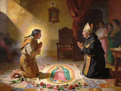 Prompt: Baroque oil painting on canvas, Spanish Colonial Baroque influence — Interior of the bishop’s residence. St. Juan Diego, middle-aged (50s), kneels barefoot in a simple undyed tunic; a coarse warm-brown maguey-fiber tilma is tied at his neck and the free end unfolds to his feet. From the tilma, CASTILIAN ROSES spill across the floor, and on the cloth a BRILLIANT IMAGE of Our Lady of Guadalupe appears: rose-tinted gown, turquoise mantle sprinkled with gold stars, hands joined in prayer, faint crescent at her feet, all held within a soft golden mandorla that seems woven into the fabric.

Opposite Juan Diego and the Image, Bishop Juan de Zumárraga drops to one knee, adoring in astonished reverence; attendants and servants behind him gaze in awe and wonder. Spanish Colonial interior details: dark carved wood, small crucifix/retablo, Talavera-style tile floor, heavy crimson drapery, carved chair and side table.

A luminous light surrounds Juan Diego and the tilma; subtle volumetric mist bathes the scene in a golden SHINE, radiating beams outwards the Image on the tilma.  Warm palette: burnt sienna, ochre, rose, umber, emerald, soft gold. Sweeping diagonal composition; strong chiaroscuro; rich layered glazes; soft sfumato edges; visible brushwork and canvas weave; subtle gilded highlights on leaves, petals, and vestment edges; varnished depth. Devotional, wonder-filled mood. Vertical 4:5 masterwork.