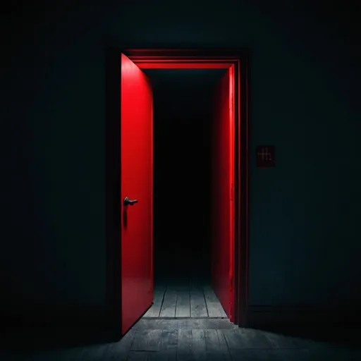 Prompt: Dark room, red-door says exit, open in it darkness, 1 door