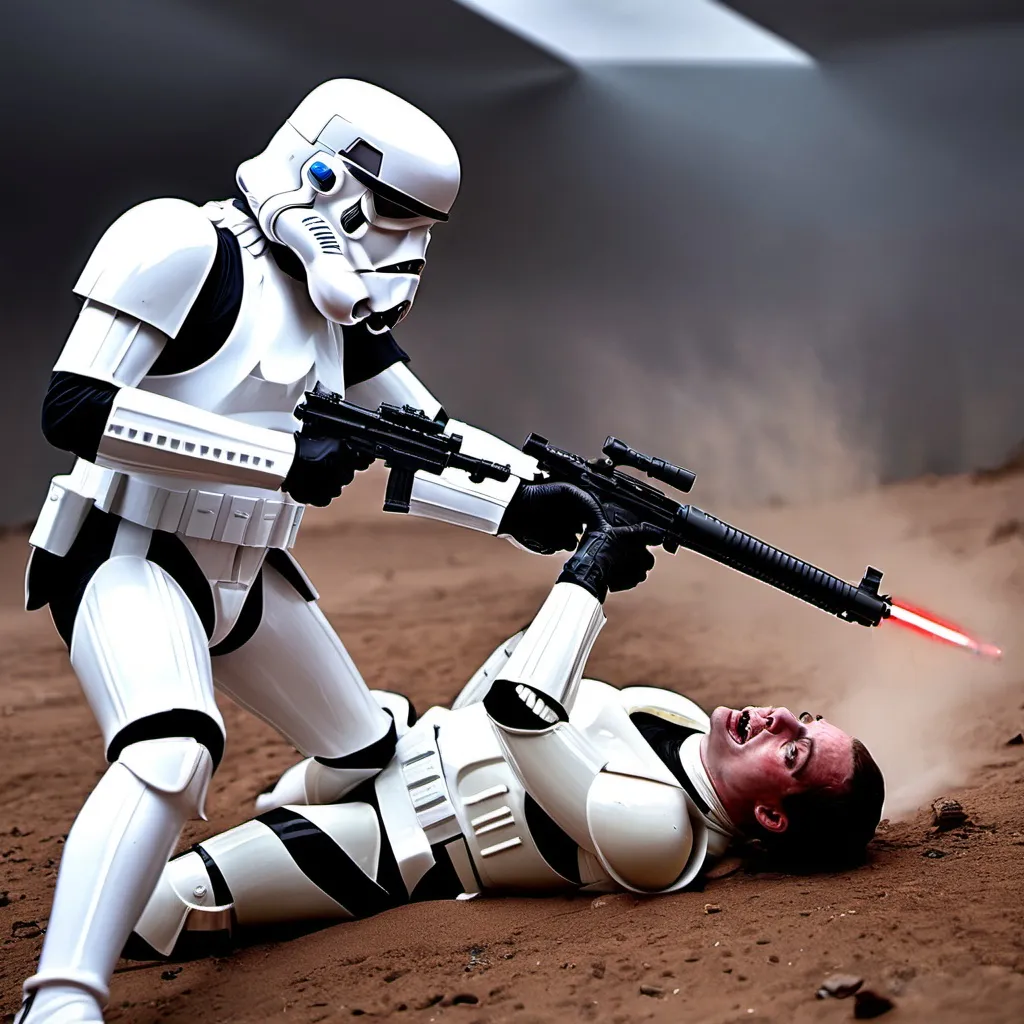 Prompt: a man killing a stormtrooper