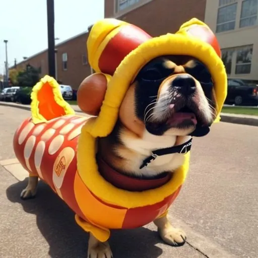 Prompt: dog dressed as a hot dog
