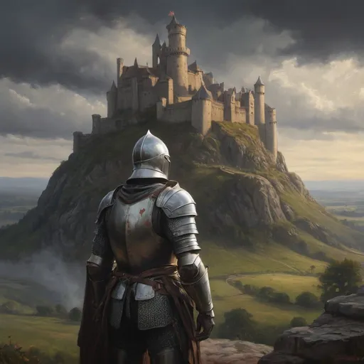 Prompt: Knight gazing at distant castle, oil painting, medieval armor, rugged landscape, high quality, realistic, epic fantasy, dramatic lighting, detailed armor, intense gaze, majestic castle, distant horizon, professional, atmospheric lighting
