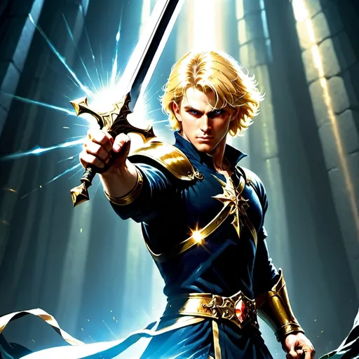 Prompt: Zoomed out image of a Blonde haired male Hero holding a shining sword overhead. 