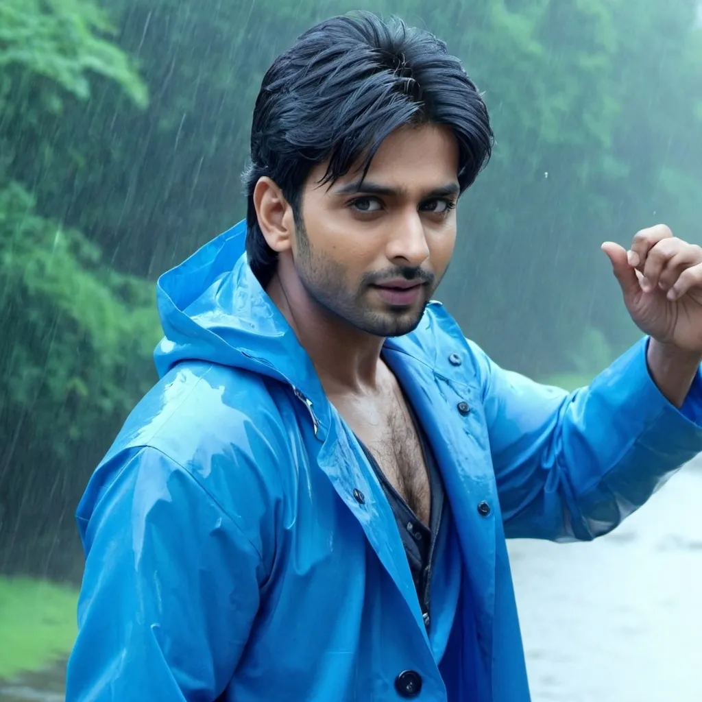 Prompt: Jaddu from koi mil gya movie in blue raincoat