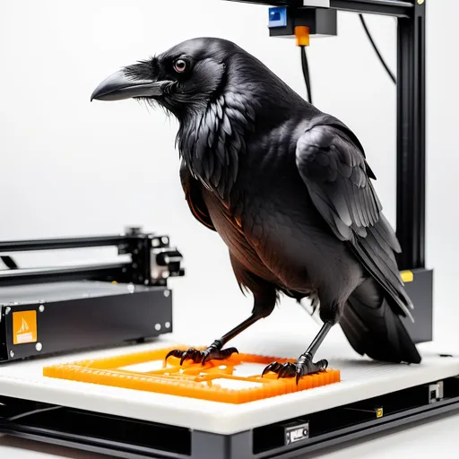 Prompt: A crow on a 3d printer that isnt quite finished being printed, with a mostly white background