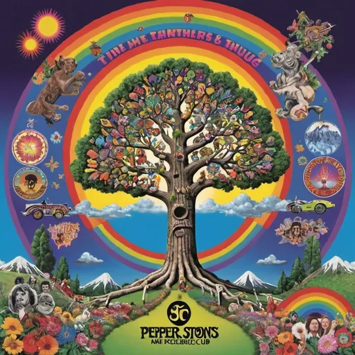 Prompt: make me a psychedelic album cover that draws influences from other albums of the same genera like sgt peppers lonely hearts club band, pet sounds, piper and the gates of dawn, magical mystery tour, and rolling stones tattoo you. I also want to see lots of color and in the center of the image I want there to be a tree from which all things in the image stem.