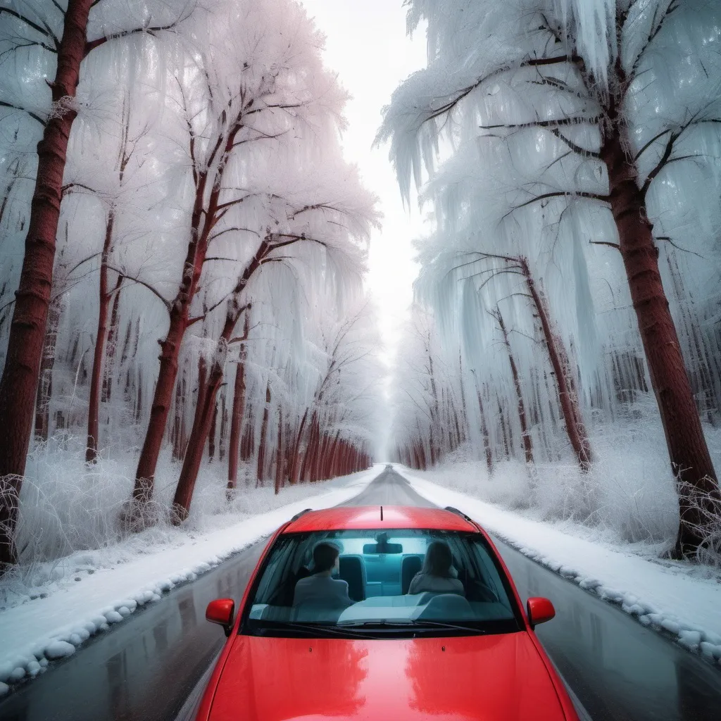 Prompt: A road on the wood with ice with my love on a red car in it who kissing me in the canada