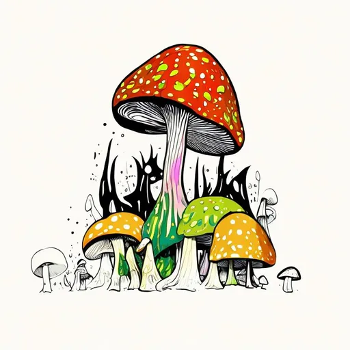 Prompt: draw a cartoon style, psychedelic looking mushroom with a white 
background
