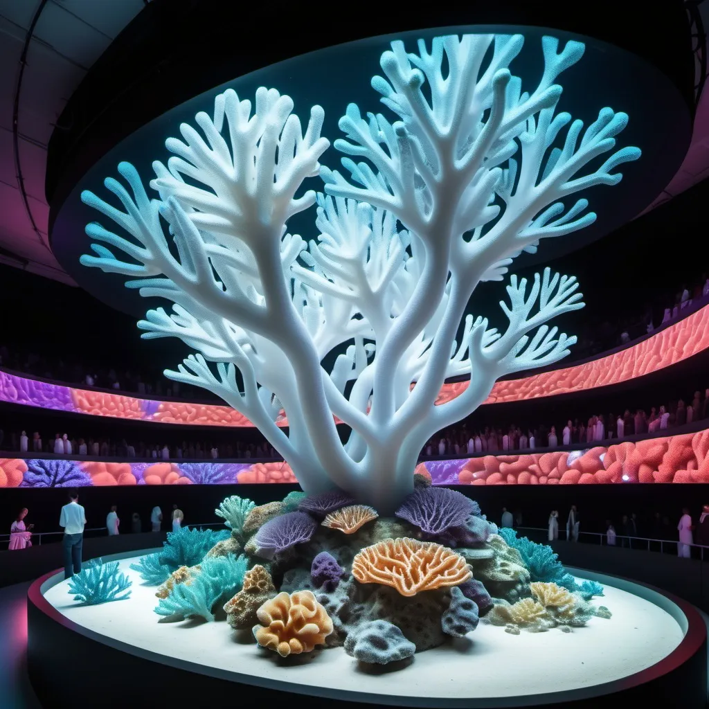 Prompt: When people enter the arena, they will see colourful coloured corals, but the corals are made of white models and the colours are changed by projections. The cold air inside the arena will gradually decrease and become hotter, and the lights projected on the coral models will go out and turn white (simulating coral bleaching)