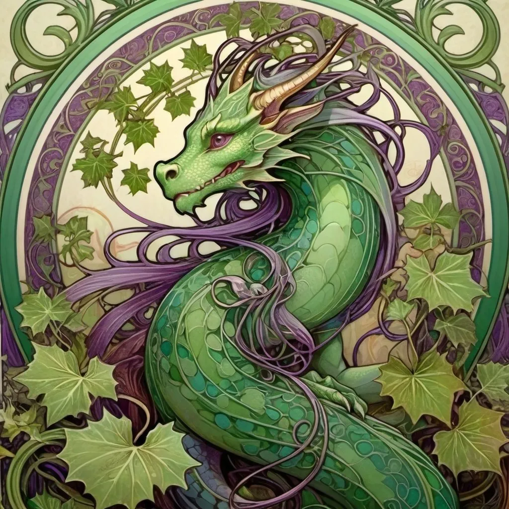 Prompt: Alphonse Mucha Style, art nouveau realistic of a  dragon,  ivy leaves thick lines, intricate details, beautiful colors, green, violet