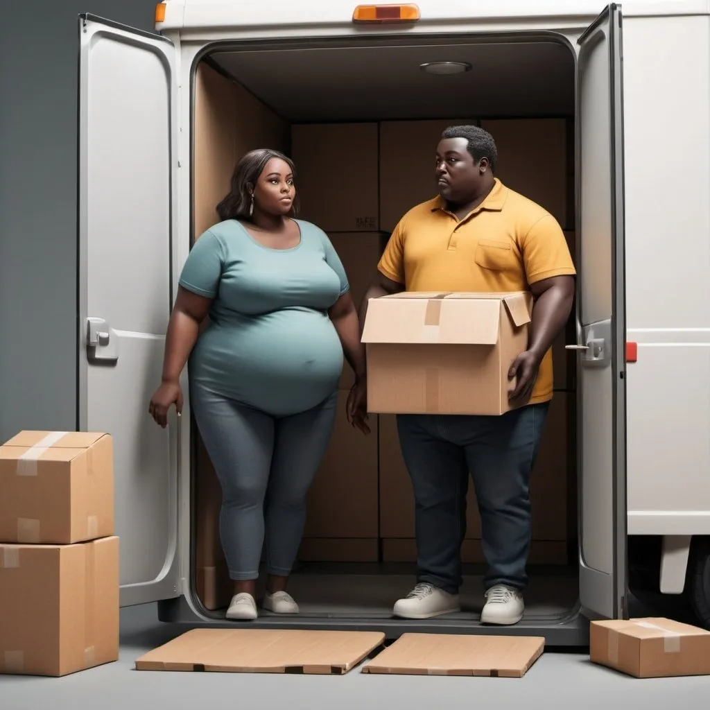 Prompt: a room has husband and wife. both are cubic form overweight. they are having Wolt delivering them food. the Wold delivery person is dark skinned and skinny.