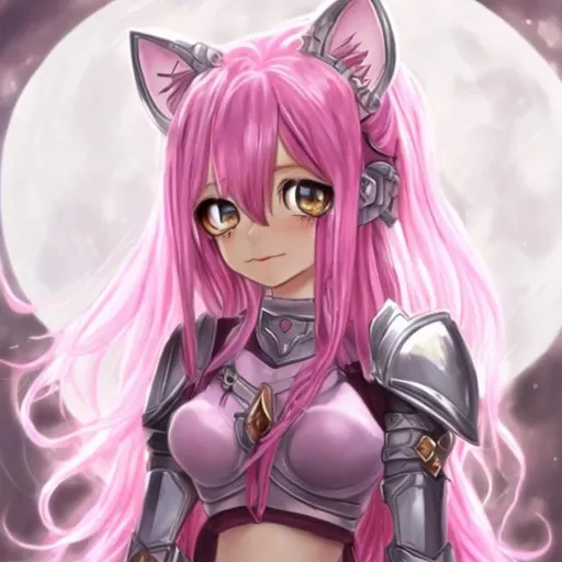 Prompt: A catgirl, pink hair, small and cute, with a holy armor, anime style