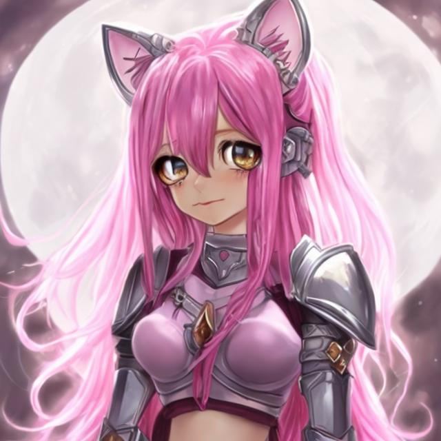 Prompt: A catgirl, pink hair, small and cute, with a holy armor, anime style