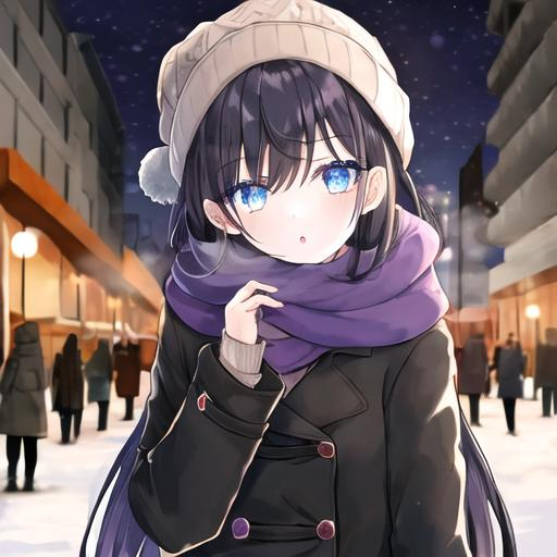 Prompt: A girl, brown and blue eyes, black hair, pale skin, purple scarf, winter clothing outside on a winter night street.