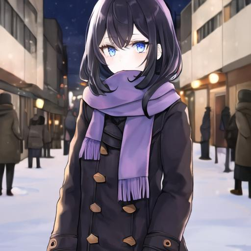 Prompt: A girl, brown and blue eyes, black hair, pale skin, purple scarf, winter clothing outside on a winter night street.