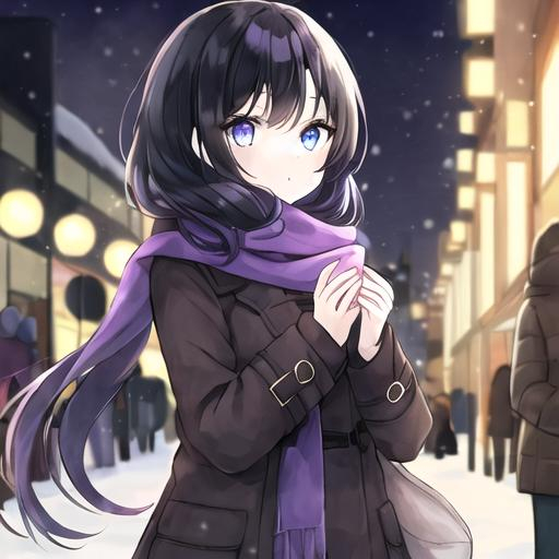 Prompt: A girl, brown and blue eyes, black hair, pale skin, purple scarf, winter clothing outside on a winter night street.