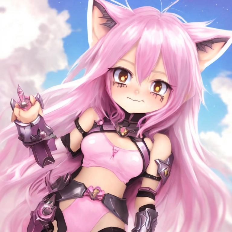 Prompt: A catgirl, pink hair, small and cute, with a holy armor, anime style