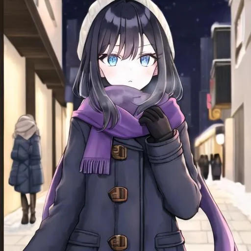 Prompt: A girl, brown and blue eyes, black hair, pale skin, purple scarf, winter clothing outside on a winter night street.