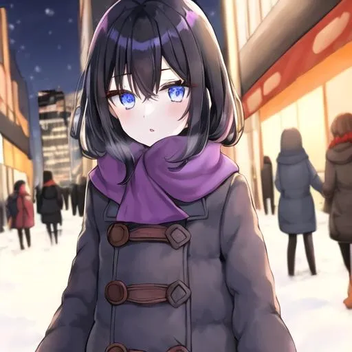 Prompt: A girl, brown and blue eyes, black hair, pale skin, purple scarf, winter clothing outside on a winter night street.
